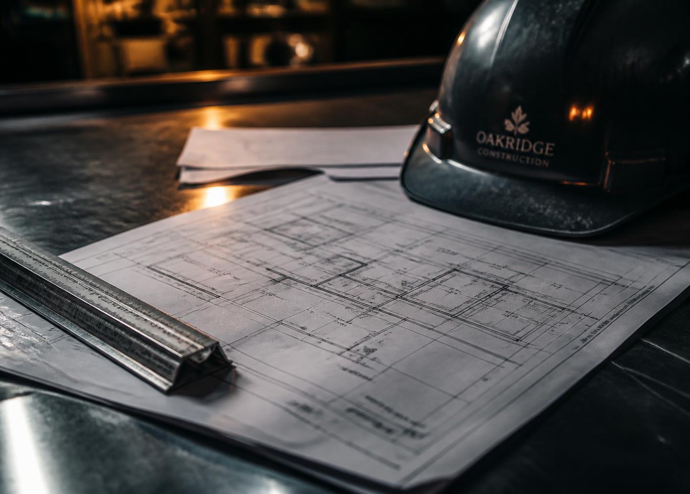 Commercial construction drawings and a hard hat on a steel table