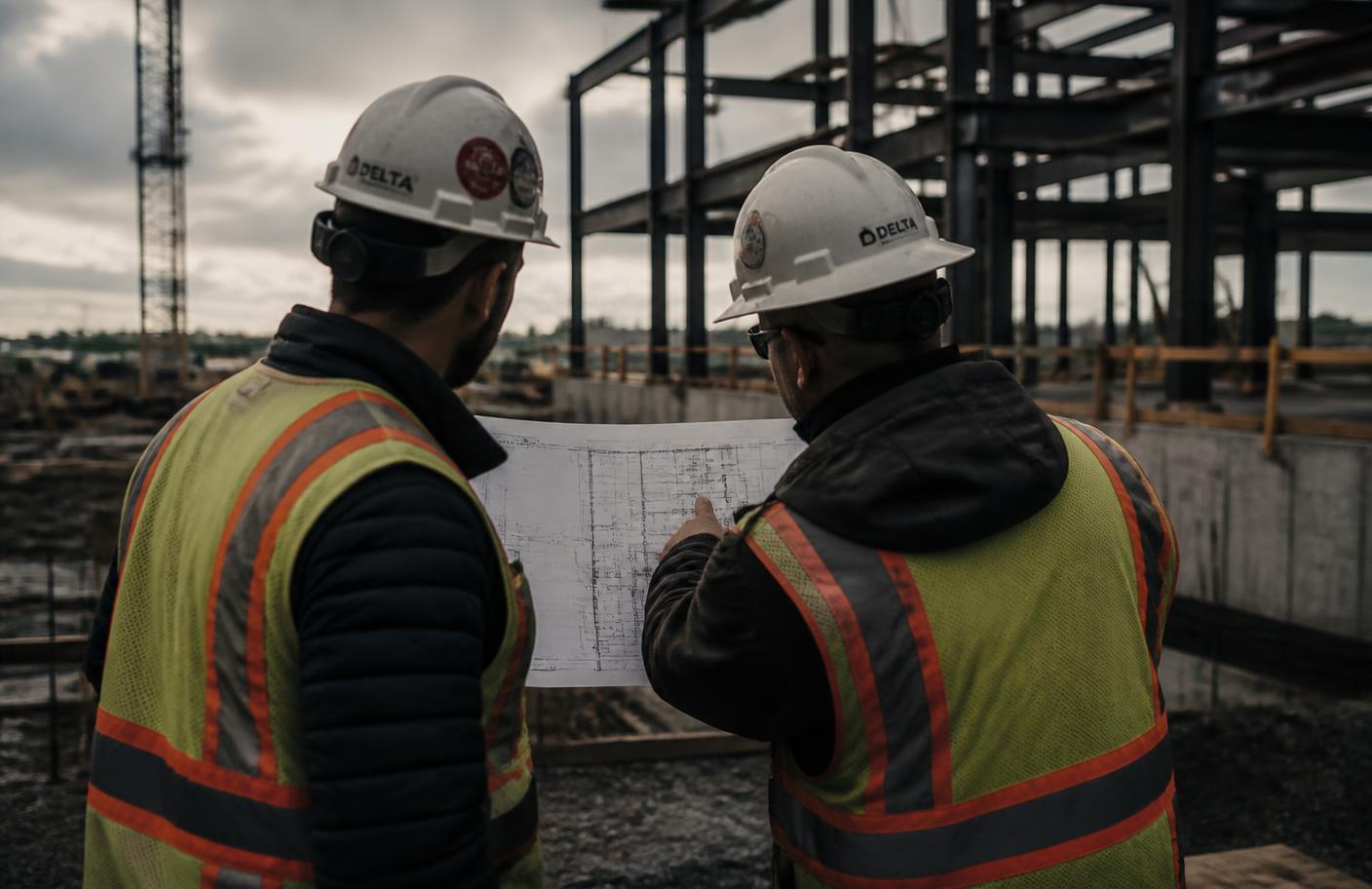 Two construction professionals reviewing plans on a commercial jobsite